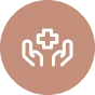White outline of two hands holding a medical cross on a brown circular background.